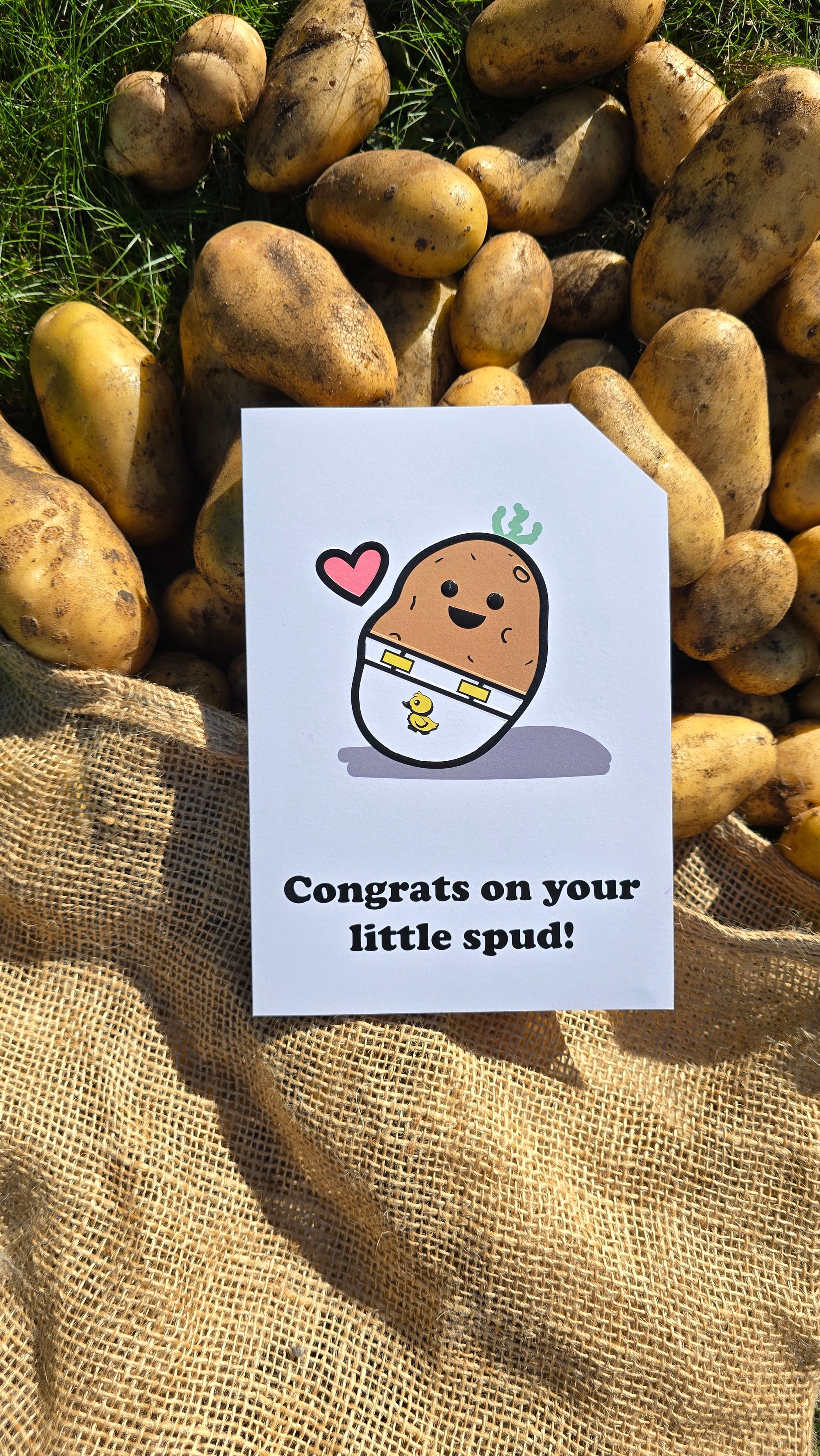 Card front with a smiling, cartoon potato character wearing a nappy/diaper with a duck on it. There is a small pink heart next to the potato. The text on the bottom reads 'Congrats on your little spud!', in bold black letters. The top right hand corner is cut off, for orientation purposes. A unique Dot & Type feature.
The image is of the card lay on a hessian sack which has potatoes falling out of it.