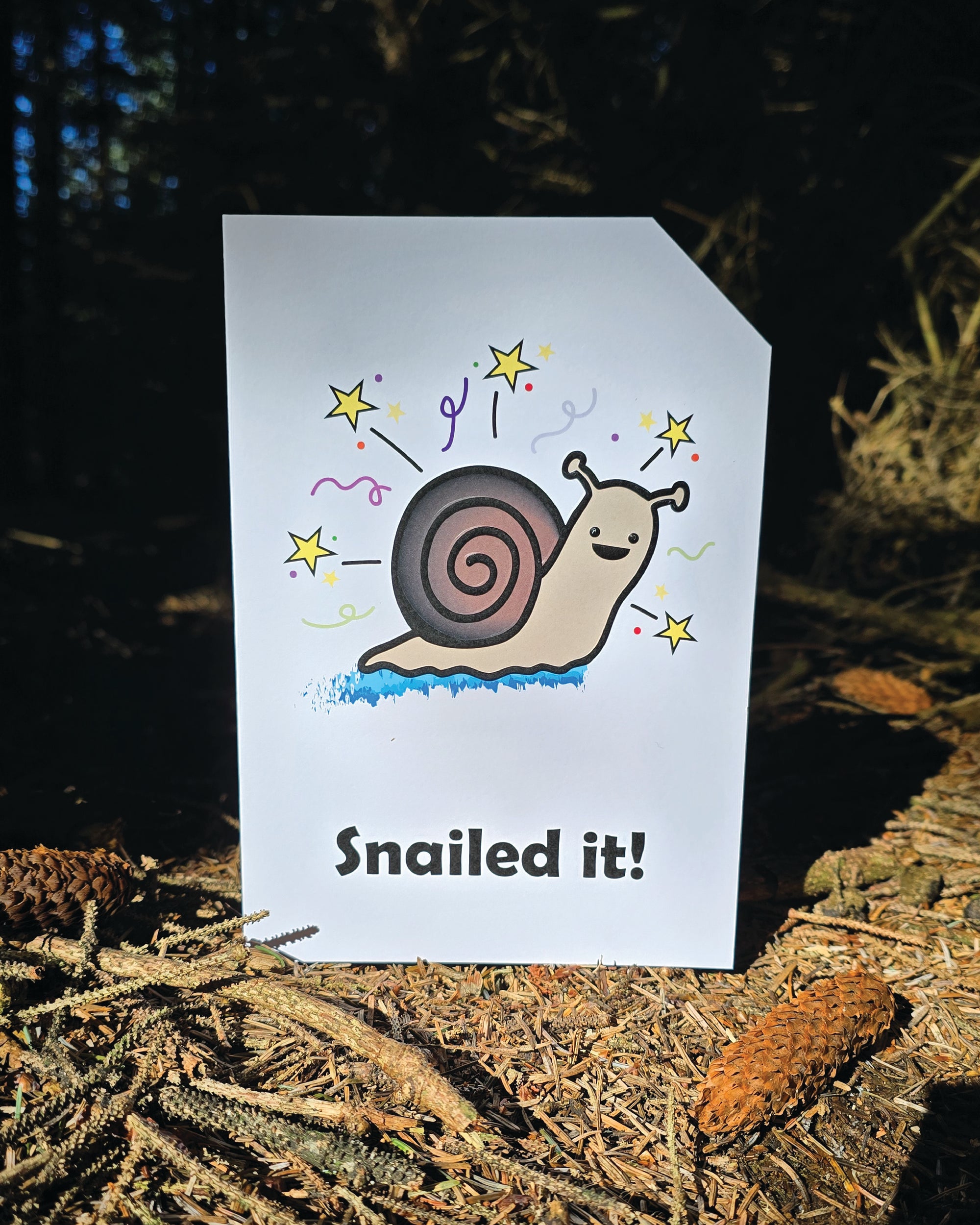 Card front with a smiling snail with a blue snail trail in the foreground. There are stars and colourful confetti in the background.
The text on the bottom reads 'Snailed it!', in bold black letters. The top right hand corner is cut off, for orientation purposes; a unique Dot & Type feature.
The image is of the card p[laced on the forest floor. There are twigs and pine cones lay on the floor.