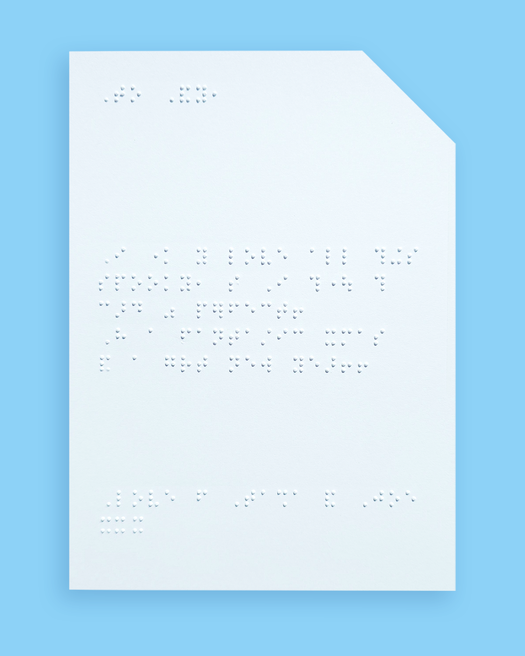 Pale blue background with an example of a braille message inside the card.