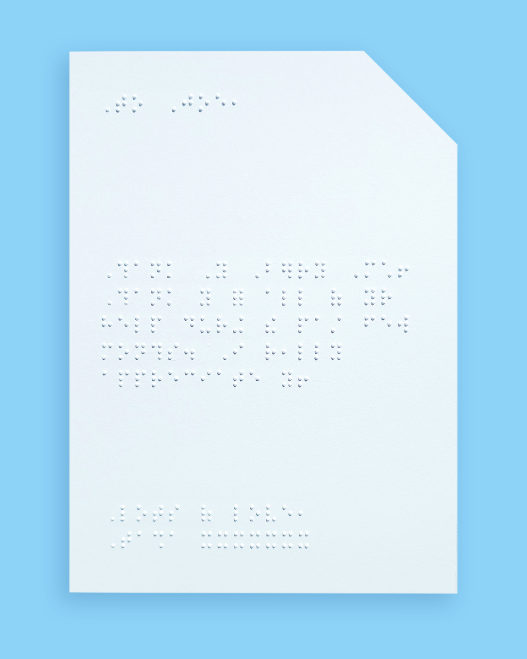 Pale blue background with an example of a braille message inside the card.